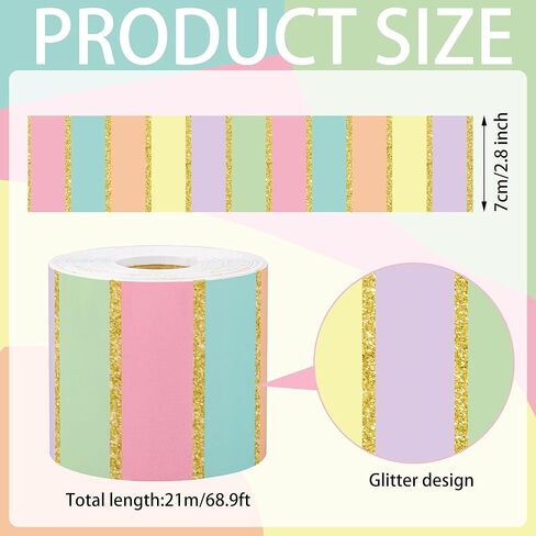 68.9 Ft Pastel Bulletin Board Borders Colorful Stripes Straight Rolled Border Trim Pastel Glitter Stripe Classroom Bulletin Border Decorations for School Classroom Chalkboard Office Wall Decoration in Kuwait