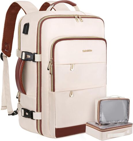 MOSISO 40L Travel Backpack for Women&Men, Flight Approved Carry on Daypack with USB Charging Port&2 Packing Cubes&Shoes Compartment, 17.3 inch Laptop Backpack for Office Work Travel Essentials, Beige in Kuwait