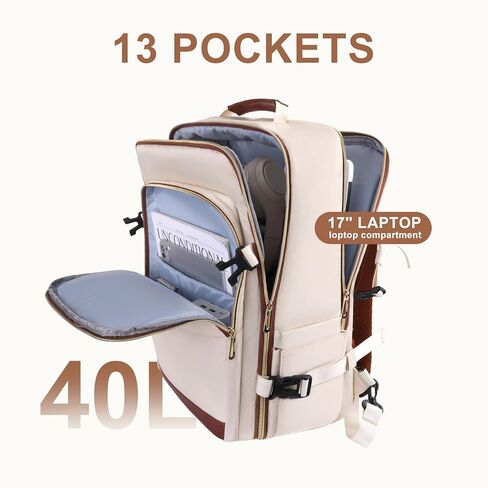 MOSISO 40L Travel Backpack for Women&Men, Flight Approved Carry on Daypack with USB Charging Port&2 Packing Cubes&Shoes Compartment, 17.3 inch Laptop Backpack for Office Work Travel Essentials, Beige in Kuwait