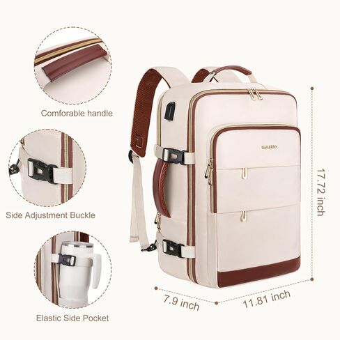 MOSISO 40L Travel Backpack for Women&Men, Flight Approved Carry on Daypack with USB Charging Port&2 Packing Cubes&Shoes Compartment, 17.3 inch Laptop Backpack for Office Work Travel Essentials, Beige in Kuwait