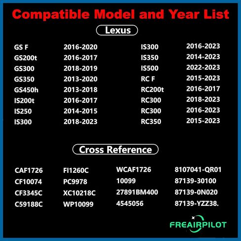 فلتر هواء المقصورة Freairpilot CF10074، بديل لكزس GS F، GS200t، GS300، GS350، GS450h، IS200t، IS250، IS300، IS350، IS500، RC F، RC200t، RC300، RC350؛ OEM # CF3345C، C59188C، CAF1726، XC10218C. in Kuwait