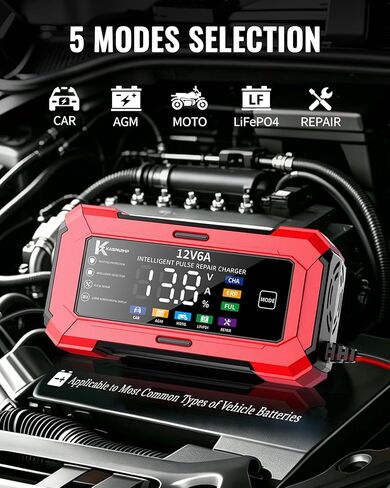 Car Battery Charger and Automatic Trickle Charger Battery Maintainer with Intelligent Pulse Repair Digital Display trickle Charger for car Battery 12v 6A for AGM LiFePO4 Motorcycle Batteries in Kuwait
