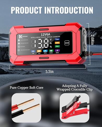 Car Battery Charger and Automatic Trickle Charger Battery Maintainer with Intelligent Pulse Repair Digital Display trickle Charger for car Battery 12v 6A for AGM LiFePO4 Motorcycle Batteries in Kuwait