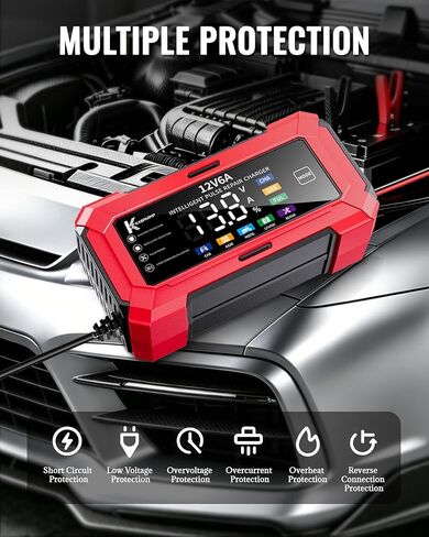 Car Battery Charger and Automatic Trickle Charger Battery Maintainer with Intelligent Pulse Repair Digital Display trickle Charger for car Battery 12v 6A for AGM LiFePO4 Motorcycle Batteries in Kuwait