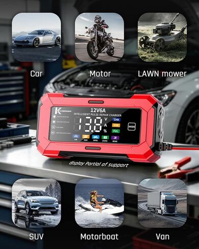 Car Battery Charger and Automatic Trickle Charger Battery Maintainer with Intelligent Pulse Repair Digital Display trickle Charger for car Battery 12v 6A for AGM LiFePO4 Motorcycle Batteries in Kuwait
