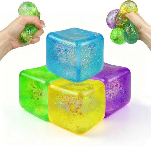 Anditoy 4 Pack Squishy Stress Cube Giant Stress Balls Glitter Squeeze Toy Sensory Fidget Toys for Adults Kids Stress Relief Party Favors Birthday Gifts in Saudi Arabia