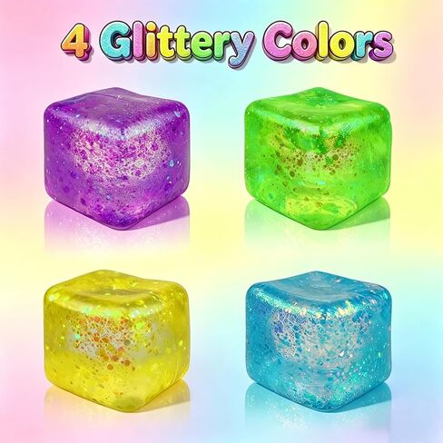 Anditoy 4 Pack Squishy Stress Cube Giant Stress Balls Glitter Squeeze Toy Sensory Fidget Toys for Adults Kids Stress Relief Party Favors Birthday Gifts in Saudi Arabia