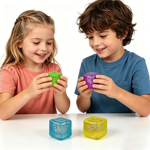 Anditoy 4 Pack Squishy Stress Cube Giant Stress Balls Glitter Squeeze Toy Sensory Fidget Toys for Adults Kids Stress Relief Party Favors Birthday Gifts in Saudi Arabia