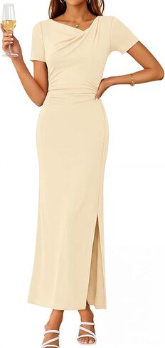 MEROKEETY Women's Summer Ruched Bodycon Maxi Dress 2026 Short Sleeve Side Slit Formal Wedding Guest Cocktail Dresses in Saudi Arabia