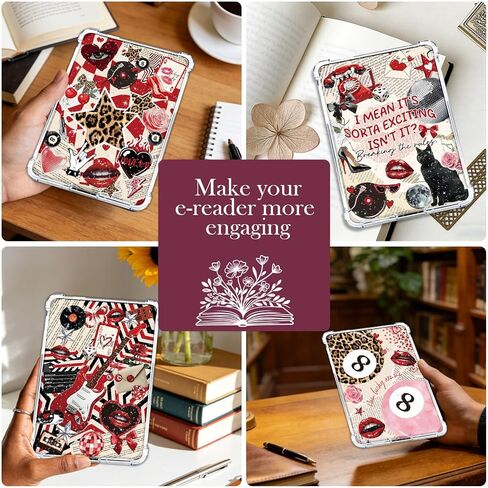 Rngmsi إدراج بطاقات لحالة واضحة - 8 قطع Y2k الجمالية إدراجات البطاقات المتوافقة مع Kindle Paperwhite 11th-12th، 50pcs ملصقات ليوبارد طباعة القوس الكرز للقارئ الإلكتروني غطاء خلفي واضح in Kuwait