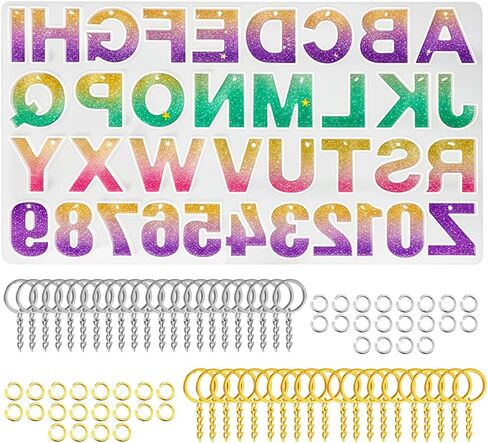 Cute Alphabet Resin Molds with 40 Keychains (20 Gold & 20 Silver) - Reversed Letter Silicone Mold with Holes, Bubbly Initial Mold & Ornaments, DIY Epoxy Casting Kit for Name Tags & Personalized Gifts in Kuwait
