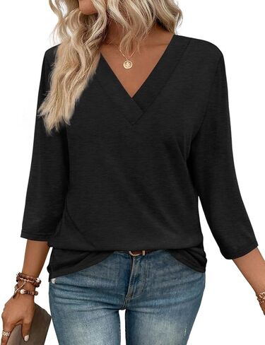 WIHOLL 3/4 Length Sleeve Womens Tops V Neck Casual Tunic Tops Basic Shirts Loose Fit Blouse in Saudi Arabia