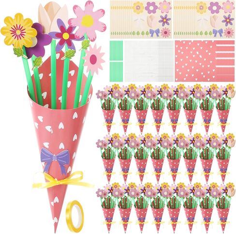 Motipuns 24 Sets Teacher DIY Flower Paper Bouquet Craft Kit Bulk for Kids Make Your Own Flower Bouquet DIY Craft End of Year School Classroom Appreciation Gift (Light Color,Daisy) in Kuwait