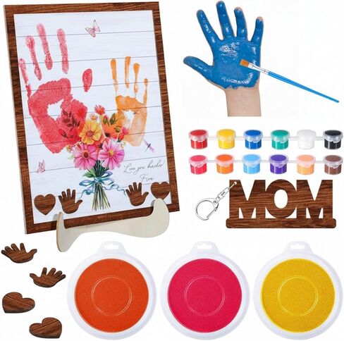 Threehoney الأم هدية عيد ميلاد بصمة اليد مجموعات DIY زهرة باقة إطار بصمة اليد عدة الحرف للاثنين مع 3 منصات الحبر الكبيرة هدية لأمي الجدة الفصول الدراسية مدرسة طفل متعة الأنشطة DIY الحرفية in Kuwait