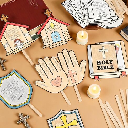 24 Sets Sunday School Crafts for Kids DIY Bible Coloring Paper Handprint Fan Craft Christian Color Your Own Prayer for VBS Church Home Party Classroom Activities in Saudi Arabia