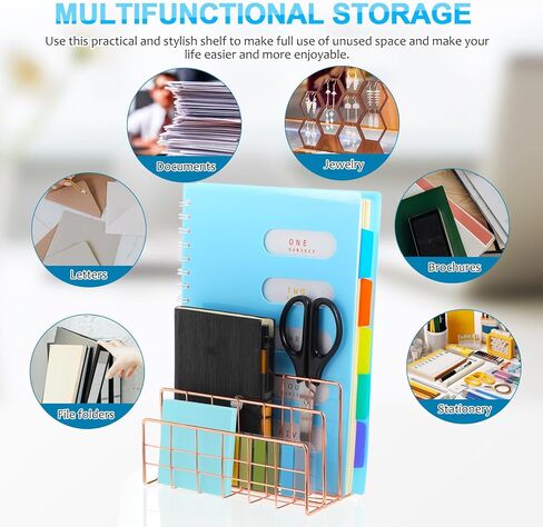 VILLCASE Rose Gold Desktop Mail Organizer, 3 Slot Metal Storage Rack for Letters, Magazines, and Files, Stylish Book Holder in Kuwait