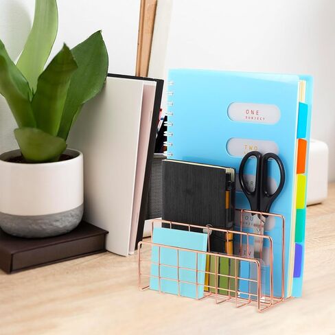 VILLCASE Rose Gold Desktop Mail Organizer, 3 Slot Metal Storage Rack for Letters, Magazines, and Files, Stylish Book Holder in Kuwait