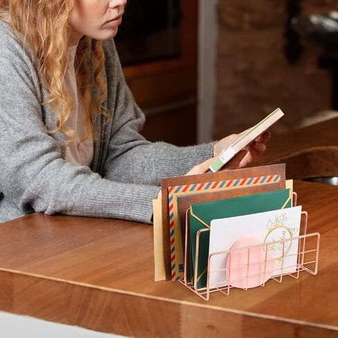 VILLCASE Rose Gold Desktop Mail Organizer, 3 Slot Metal Storage Rack for Letters, Magazines, and Files, Stylish Book Holder in Kuwait