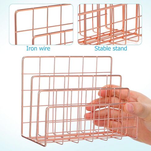 VILLCASE Rose Gold Desktop Mail Organizer, 3 Slot Metal Storage Rack for Letters, Magazines, and Files, Stylish Book Holder in Kuwait