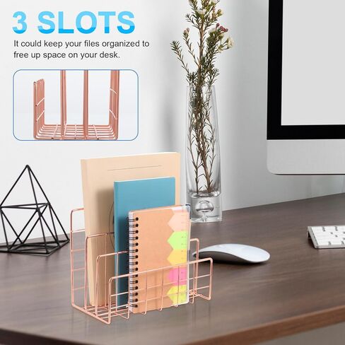 VILLCASE Rose Gold Desktop Mail Organizer, 3 Slot Metal Storage Rack for Letters, Magazines, and Files, Stylish Book Holder in Kuwait
