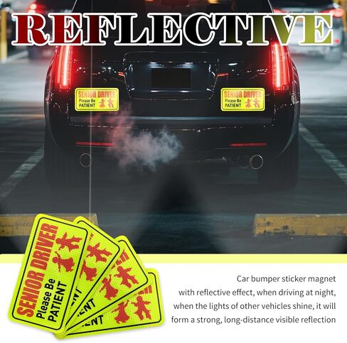 4PCS Senior Driver Car Magnet,Reflective Senior Driver Magnetic Bumper Stickers for Reminding Please Be Patient,Strong Magnetic Car Stickers and Decals as Old Person Gifts in Saudi Arabia