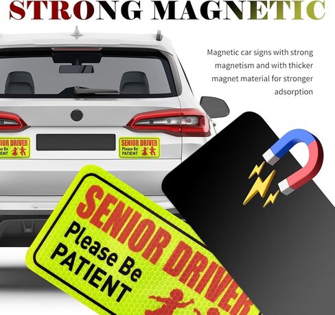 4PCS Senior Driver Car Magnet,Reflective Senior Driver Magnetic Bumper Stickers for Reminding Please Be Patient,Strong Magnetic Car Stickers and Decals as Old Person Gifts in Saudi Arabia