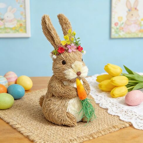 DearSun Easter 11.5'' H Straw Bunny Figurines Tabletop Ornament Animal Art Crafts Straw Rabbit Holding Carrot Spring Party Garden Table Decoration (Straw Bunny Style3) in Saudi Arabia