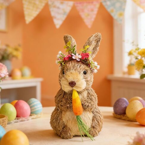 DearSun Easter 11.5'' H Straw Bunny Figurines Tabletop Ornament Animal Art Crafts Straw Rabbit Holding Carrot Spring Party Garden Table Decoration (Straw Bunny Style3) in Saudi Arabia