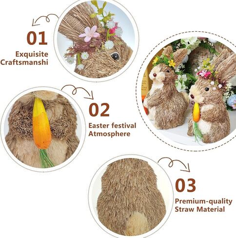 DearSun Easter 11.5'' H Straw Bunny Figurines Tabletop Ornament Animal Art Crafts Straw Rabbit Holding Carrot Spring Party Garden Table Decoration (Straw Bunny Style3) in Saudi Arabia