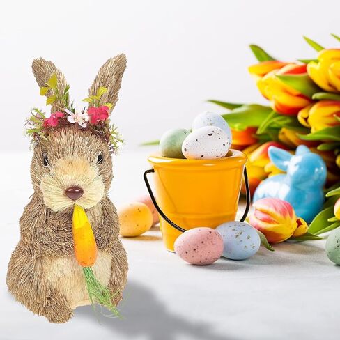 DearSun Easter 11.5'' H Straw Bunny Figurines Tabletop Ornament Animal Art Crafts Straw Rabbit Holding Carrot Spring Party Garden Table Decoration (Straw Bunny Style3) in Saudi Arabia
