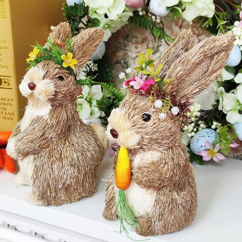 DearSun Easter 11.5'' H Straw Bunny Figurines Tabletop Ornament Animal Art Crafts Straw Rabbit Holding Carrot Spring Party Garden Table Decoration (Straw Bunny Style3) in Saudi Arabia