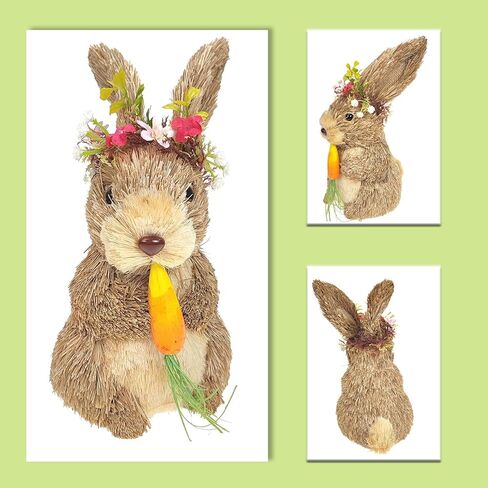 DearSun Easter 11.5'' H Straw Bunny Figurines Tabletop Ornament Animal Art Crafts Straw Rabbit Holding Carrot Spring Party Garden Table Decoration (Straw Bunny Style3) in Saudi Arabia