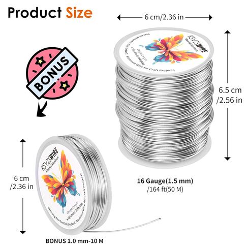 Aluminum Craft Wire 16 Gauge(1.5 mm)–164 FT(50 M)+18 Gauge (1.0 mm) 32.8FT (10 M) KSVZS Anodized Aluminum Wire,Flexible Metal Wire for Crafts,Sculpting,Jewelry Making,Armature and DIY Crafts(Silver) in Saudi Arabia