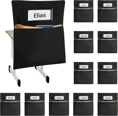 Chair Pockets for Classrooms 12 Pack,15 x 14 inch Black Chair Back Buddy Pockets with Name Slot & Tags, Back of Chair Organizer for Classroom Chairs Seat Storage in Saudi Arabia