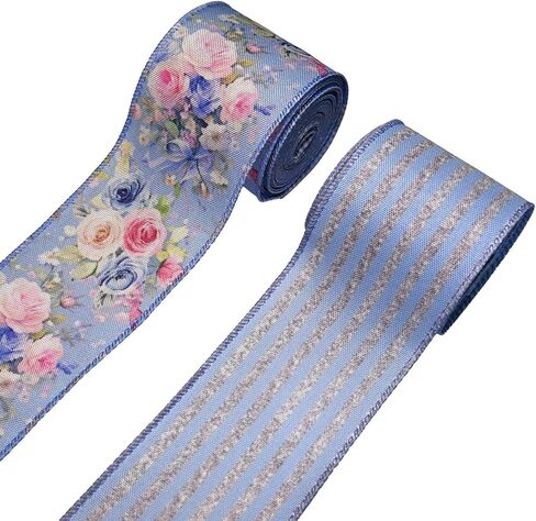 2 Rolls 10 Yards Spring Blue White Floral Wired Ribbons for Wreath Bows Wrapping Gifts, Hydrangea Butterfly Ribbon for Holiday Wedding Birthday Baby Shower Party Décor Summer DIY Crafts 2.5" in Saudi Arabia