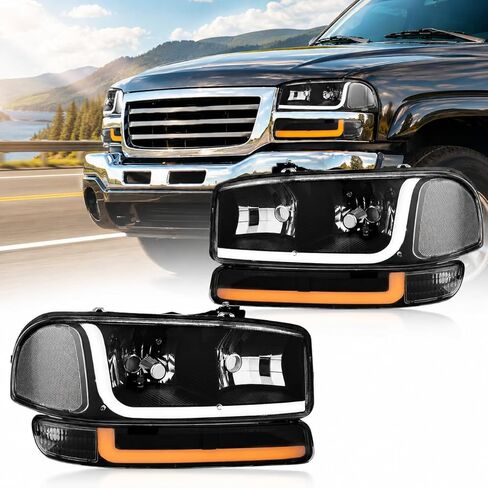 LED DRL Headlights Fit 1999-2007 GMC Sierra 1500/2001-2007 GMC Sierra 1500HD 2500HD 3500 (Only Fits 07 Classic Models,Not Fit All Denali Trims), Fit 99-06 Yukon Black Housing Clear Reflector in Saudi Arabia