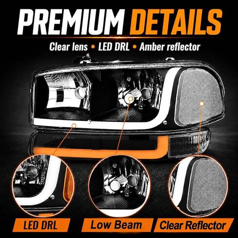 LED DRL Headlights Fit 1999-2007 GMC Sierra 1500/2001-2007 GMC Sierra 1500HD 2500HD 3500 (Only Fits 07 Classic Models,Not Fit All Denali Trims), Fit 99-06 Yukon Black Housing Clear Reflector in Saudi Arabia