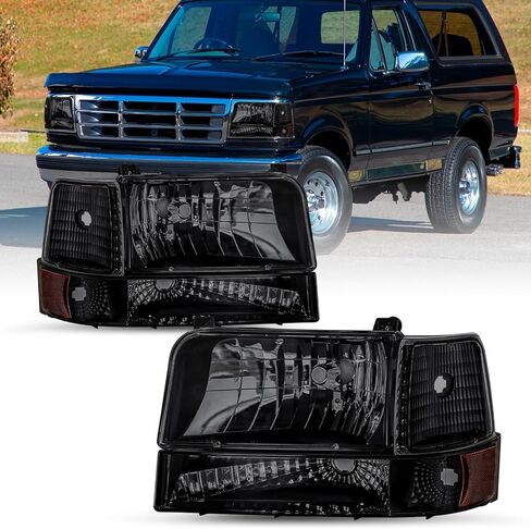 SOCKIR 6PCS Headlight Assembly Fit for 1992-1996 Ford F150 Bronco 1992-1997 Ford F250 F350 Super Duty w/Corner Signal Bumper Lights, Chrome Housing with Amber Reflector in Kuwait