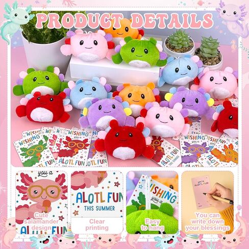 24 Sets End of Year Gifts Bulk Axolotl Keychain Plush Toys Axolotls Stuffed Animal Plushie Doll Ornament with Gift Cards for End of the School Year Graduation Classroom Prize Goodie Bag Stuffers in Saudi Arabia