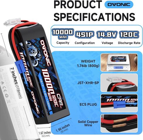 OVONIC 4S Lipo Battery 14.8V 10000mAh 120C with EC5 Connector for RC Car Truck Vehicles Boat Drone Airplane Quadcopter Helicopter FPV Racing Hobby Models Pro Truck Boat Jet Basher 2 Batteries in Kuwait