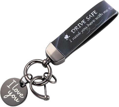Drive Safe Keychain for Him, Leather Keychain for Men, I Love You Gift for Boyfriend Birthday, Car Key Fob with Leather Strap & Metal I Love You in Saudi Arabia