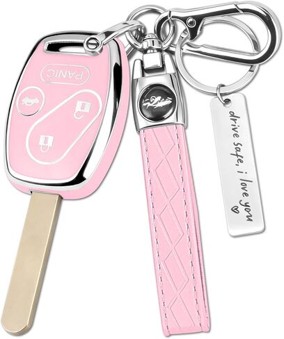 غطاء مفتاح Honda Key Fob، واقي مفتاح سيارة TPU ممتاز لسيارة Honda 2003-2015 Accord Key Case Fit Civic EX Pilot CR-V Odyssey مع سلسلة مفاتيح وعلامة نعمة معدنية (فضي وردي، 4 أزرار) in Kuwait