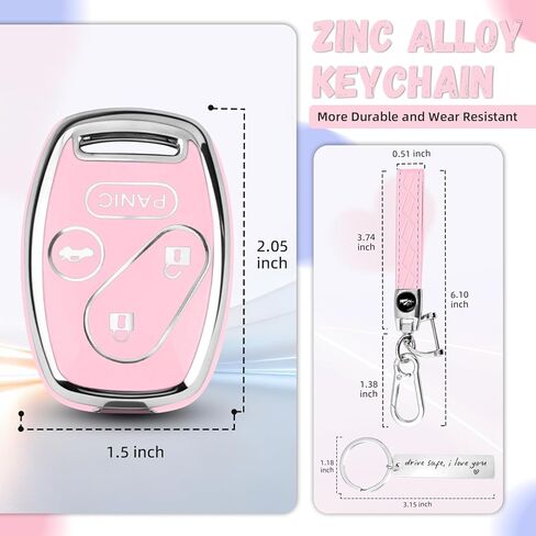 غطاء مفتاح Honda Key Fob، واقي مفتاح سيارة TPU ممتاز لسيارة Honda 2003-2015 Accord Key Case Fit Civic EX Pilot CR-V Odyssey مع سلسلة مفاتيح وعلامة نعمة معدنية (فضي وردي، 4 أزرار) in Kuwait