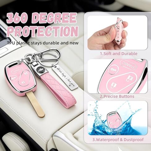 غطاء مفتاح Honda Key Fob، واقي مفتاح سيارة TPU ممتاز لسيارة Honda 2003-2015 Accord Key Case Fit Civic EX Pilot CR-V Odyssey مع سلسلة مفاتيح وعلامة نعمة معدنية (فضي وردي، 4 أزرار) in Kuwait