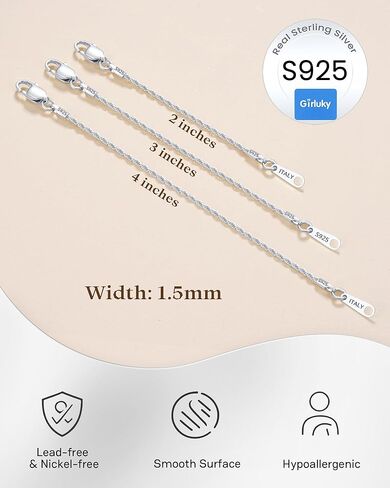 Girluky 925 Sterling Silver Necklace Extender for Women, 1.5mm Rope Chain Extenders for Necklaces, Jewelry Extenders for Necklaces Bracelets Anklets 3 Piece (2", 3", 4") in Kuwait