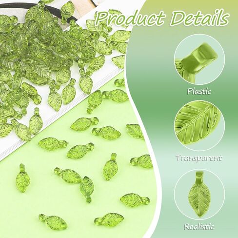 100 Pcs Green Leaf Beads for Jewelry Making, 0.2" x 0.43" Acrylic Leaf Charms, Semi-Transparent Leaf Shaped Beads of Plant Charms for DIY Crafts Women Earring Necklace Anklet Decoration Making in Kuwait