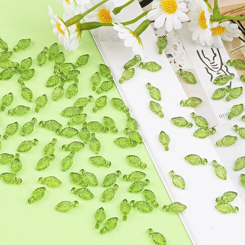 100 Pcs Green Leaf Beads for Jewelry Making, 0.2" x 0.43" Acrylic Leaf Charms, Semi-Transparent Leaf Shaped Beads of Plant Charms for DIY Crafts Women Earring Necklace Anklet Decoration Making in Kuwait