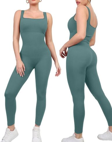 Popilush Light Green Jumpsuits for Women Bodycon Bodysuits Square Neck Sleeveless Tummy Control Rompers Ribbed Jumpsuit L in Saudi Arabia