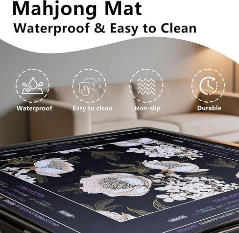 Mahjong Mat (33"x33") - Non-Slip Noise Reduction Gaming Mat for American Mahjong，Anti-Scratch Table Protector with Storage Bag (Black Gold Peony, 31.5"x31.5") in Saudi Arabia