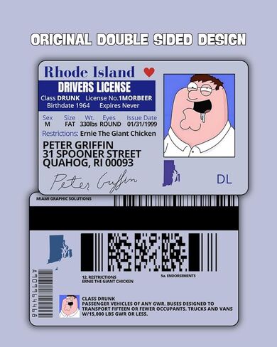 Peter Griffin Driver License ID/Funny Plastic License/Family Guy Fans Complement for Costumes/Double Sided | Collectible Trading Card Driver’s License | Novelty Gift for Holidays in Saudi Arabia